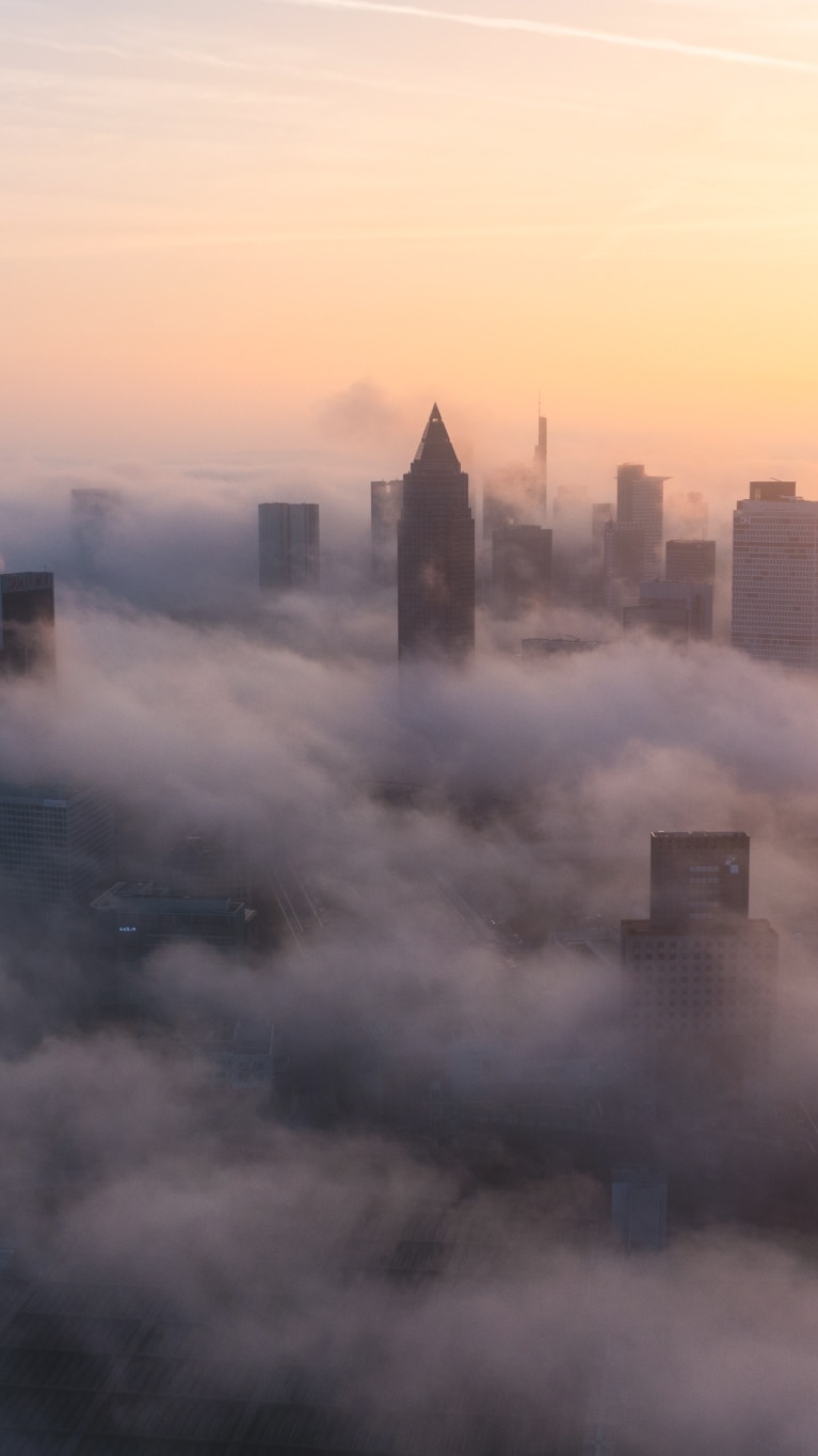 A cityscape at sunrise with the lower portion of the buildings obscured by dense fog. The sun is visible on the horizon with a soft, yellow glow, and the sky transitions from light pink to orange. Several skyscrapers peek through the fog, showcasing their unique shapes and heights.