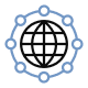 Blue circular network icon with interconnected nodes.
